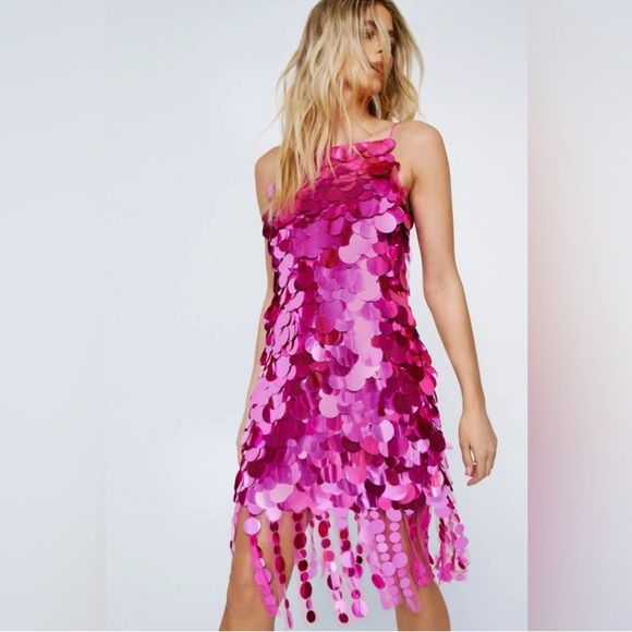 Nasty Gal Hot Pink Sequin Fringe Disco Mini Dress - Picture 2 of 5